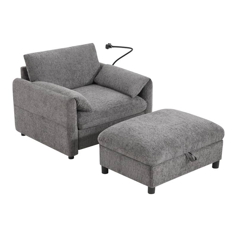 Single Sofa Chair and Storage Ottoman Sets, Chenille Accent Chair Wide Seat Chaise Lounge Couch with Phone Holder & USB Chargers