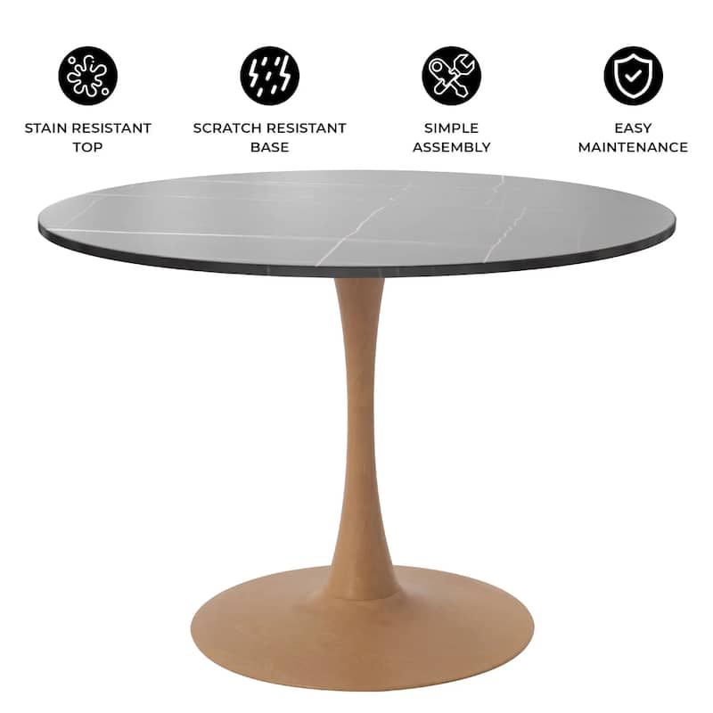Bristol 35" Round Dining Table with Sintered Stone Top and Natural Wood Steel Pedestal Base for Modern Kitchen and Dining Room