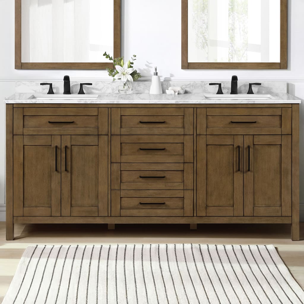 OVE Tahoe 72 in. Double Sink Bathroom Vanity in Almond Latte with White Engineered Marble Countertop - 72"