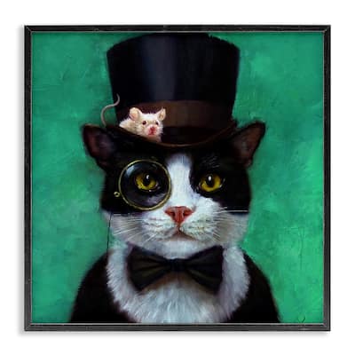 Stupell Good Sir Top Hat Cat w. Mouse and A Monacle Framed Wall Art, 12x12, Proudly Made in USA