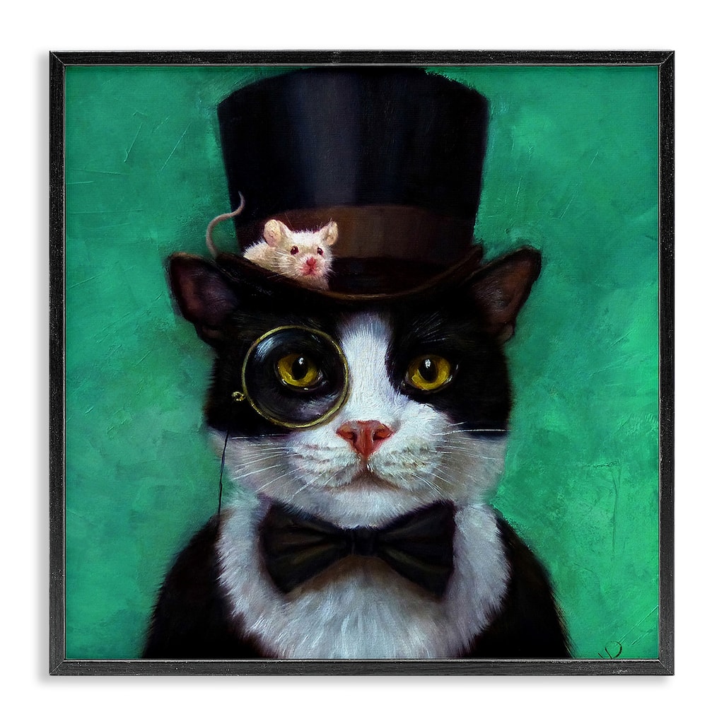 Stupell Good Sir Top Hat Cat w. Mouse and A Monacle Framed Wall Art, 12x12, Proudly Made in USA