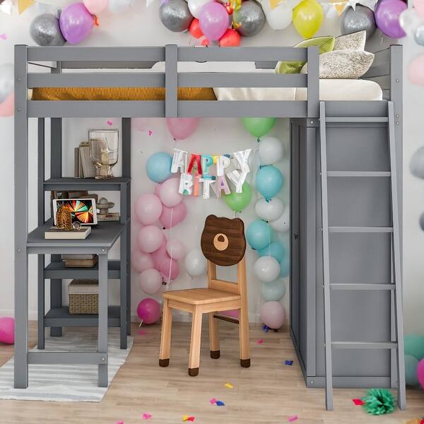 slide 2 of 9, Full Size Loft Bed With Wardrobe and Desk and Shelves,Sturdy Construction Grey