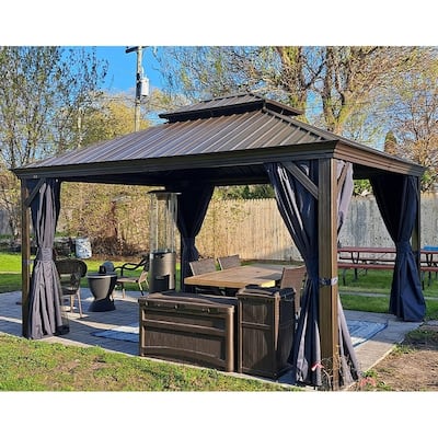 PURPLE LEAF Hardtop Aluminum Gazebo with Curtains and Netting, Double Roof Patio Gazebo