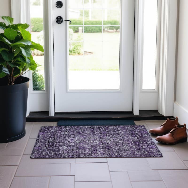 Machine Washable Indoor/ Outdoor Chantille Traditional Vintage Floral Rug - Purple - 1'8" x 2'6"
