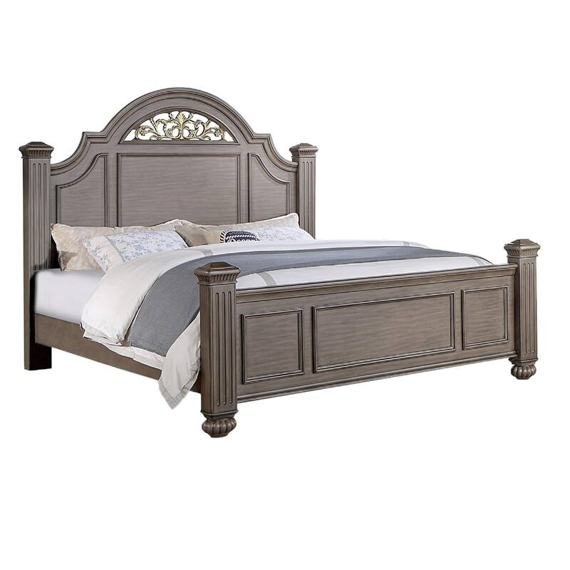 Recus California King Bed, Carved Floral Details, Arched Headboard, Gray
