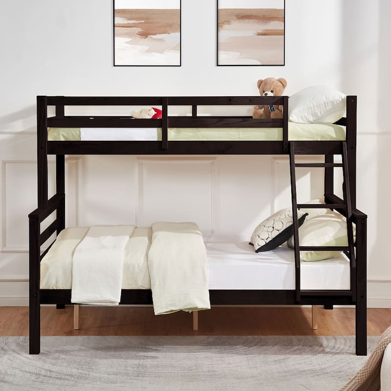 Twin over Full Wooden Bunk Bed,High Guardrail,Ladder,No Box Spring