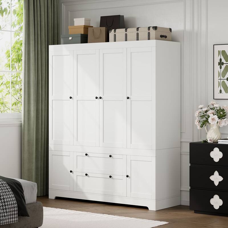 Gyomojoy Large White Wardrobe Closet with Drawers & Doors, Modular Armoire with Hanging Rods, Apartment & Dorm Storage