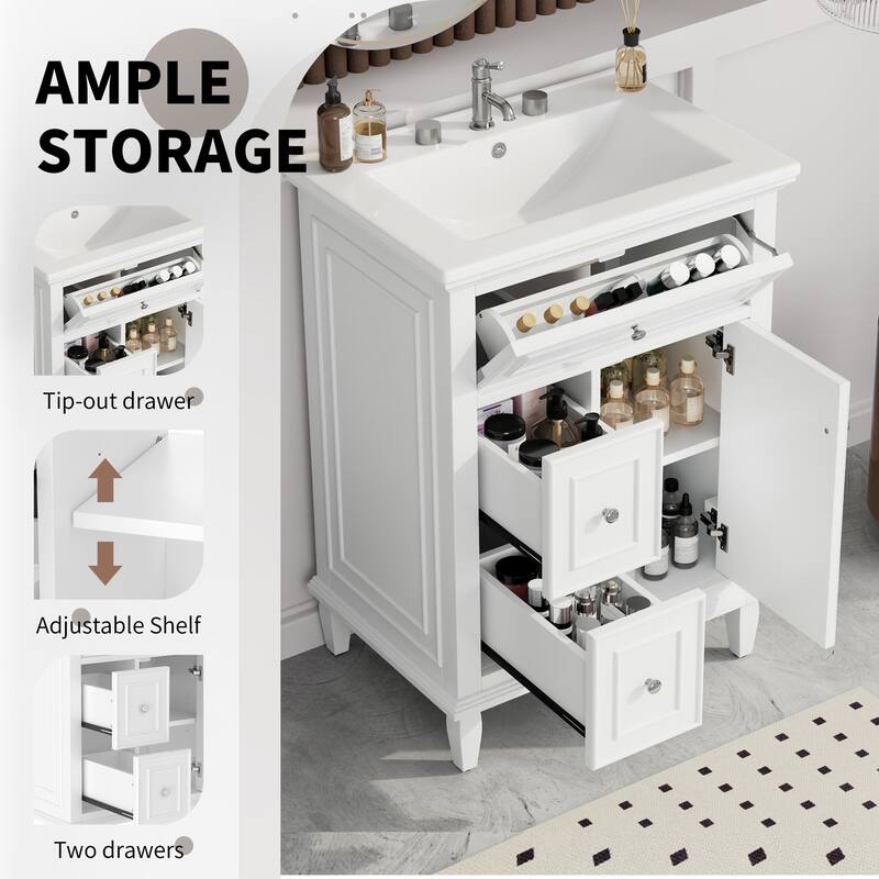 24" Bathroom Vanity with Sink - Solid Wood/MDF Cabinet, Flip Drawer + 2 Drawers, Adjustable Shelf