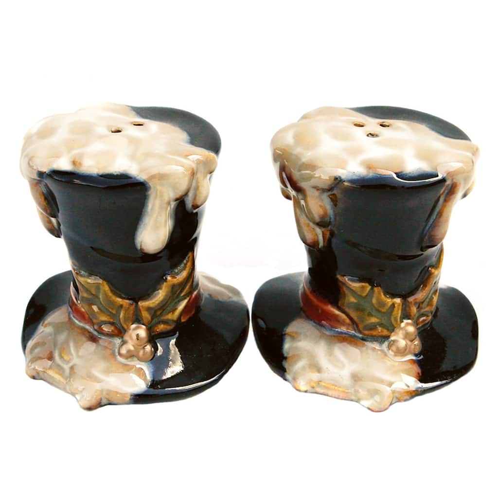 Snow Covered Top Hat Wintry Fun Salt and Pepper Shaker Set Ceramic - Black