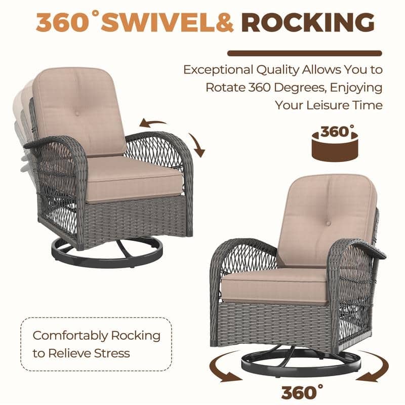 360° Swivel Rocking Patio Chairs Set with Thick Cushions & Tempered Glass Table | Indoor Living Room / Balcony| 3/5-Piece