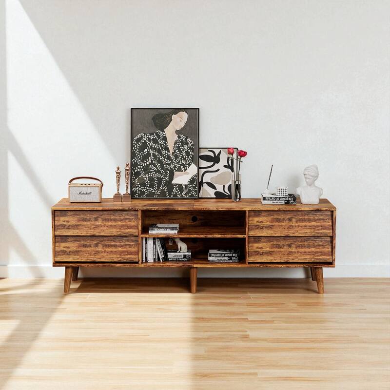 63" Vintage-Style TV Stand with Beveled Design, Media Console with 4 Drawers & 2 Shelves, Solid Wood Legs