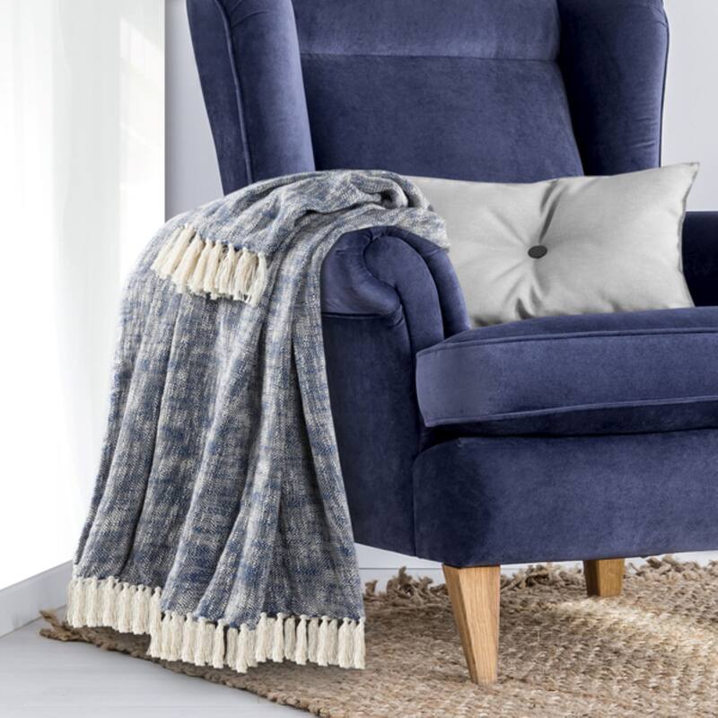 Sevita Boho Chambray Standard Size Throw Blanket with Fringe - Navy Blue/Ivory