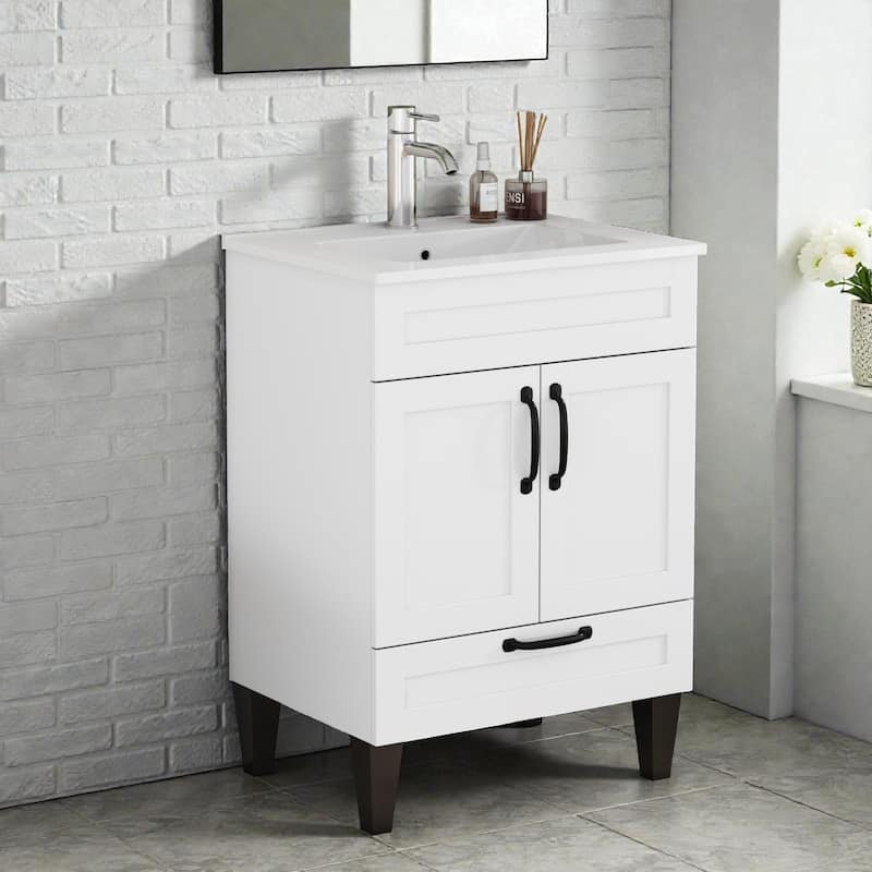 24" Bathroom Vanity Cabinet with 2 Doors and Drawers, Soft-Close Hinges, Black Metal Handles and Feet
