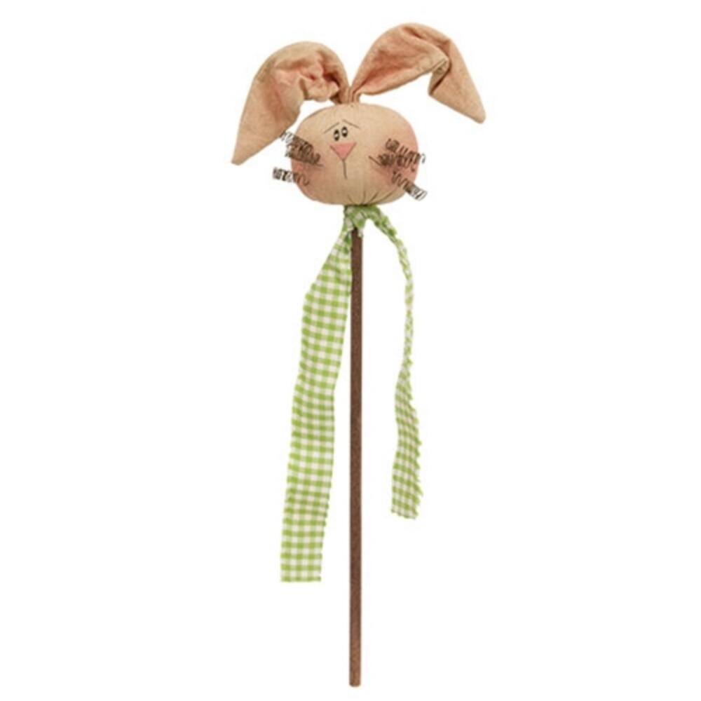 Rolly Polly Plush Bunny Head Wand with Gingham Scarf Spring and Easter Decor Accent
