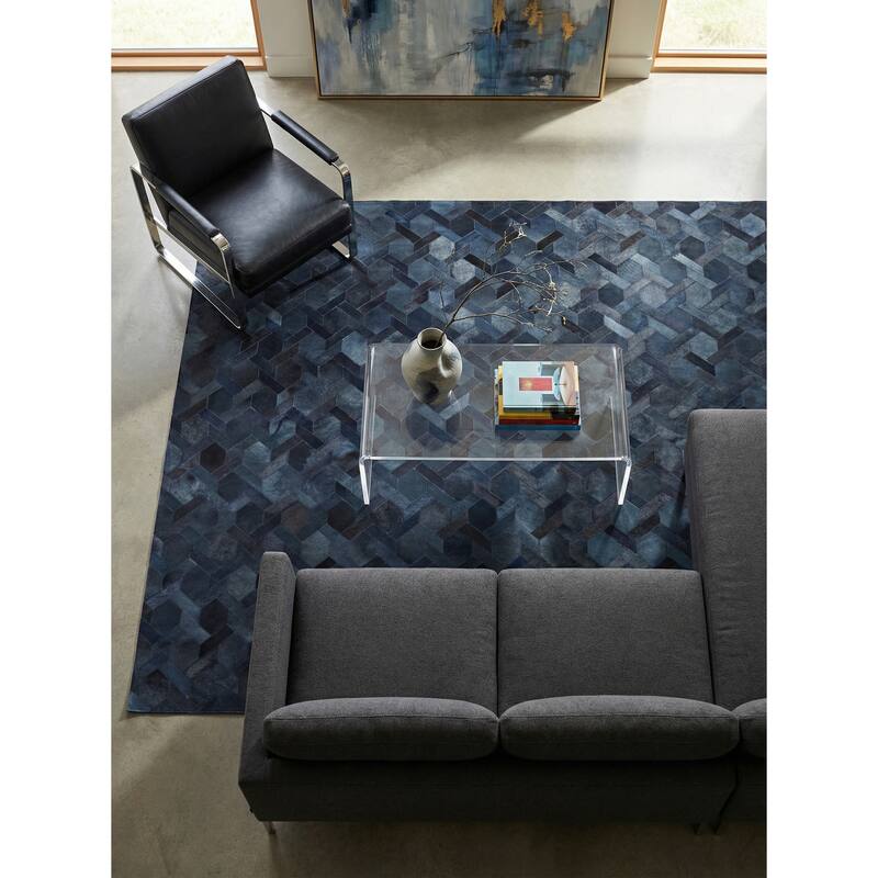EXQUISITE RUGS Natural Hide Hand-stitched Leather Hide Blue Area Rug.
