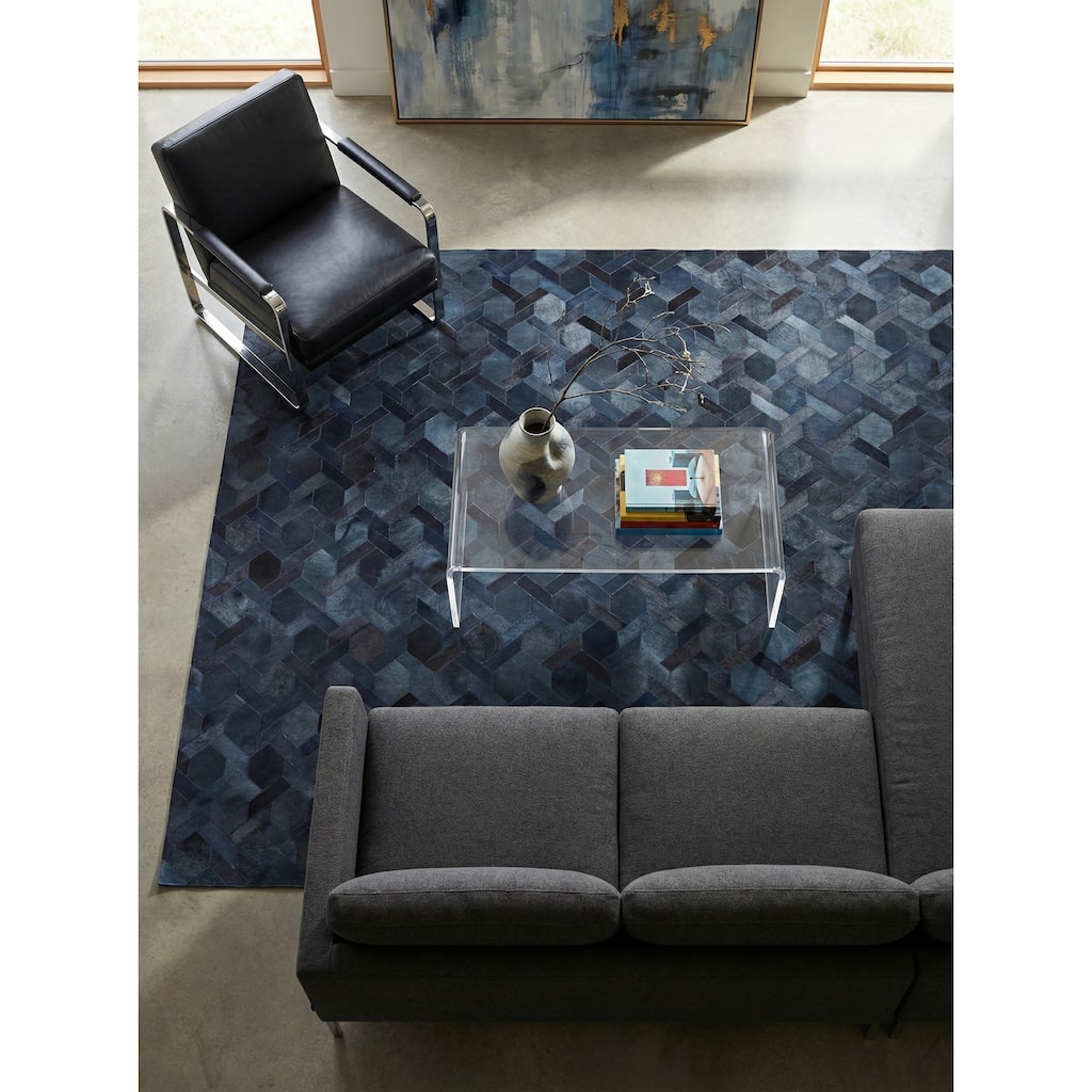 EXQUISITE RUGS Natural Hide Hand-stitched Leather Hide Blue Area Rug.