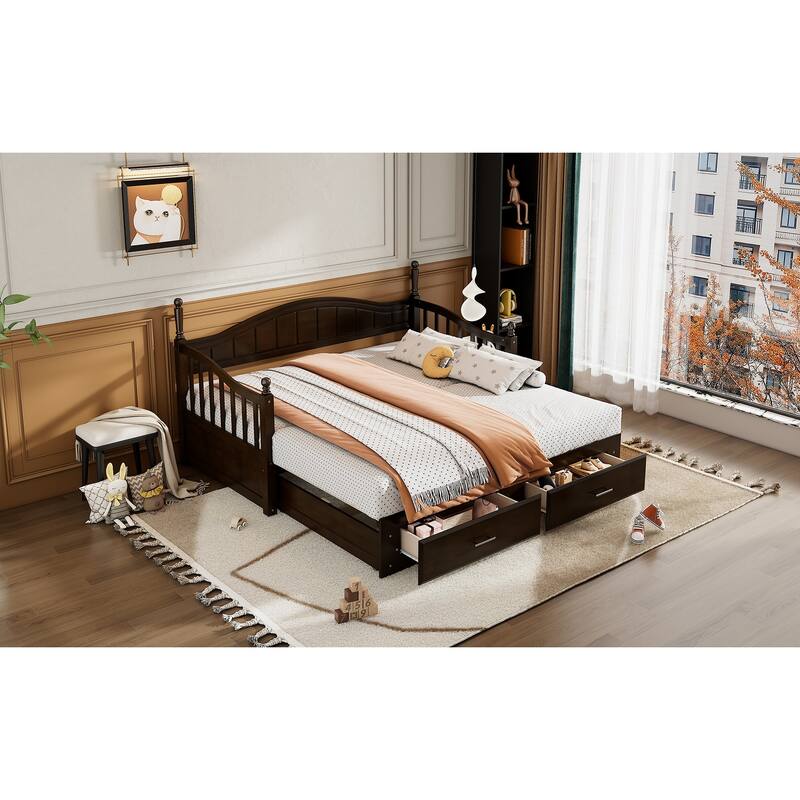 Twin Size Wooden Daybed with Two Storage Drawers and Trundle for Bedroom