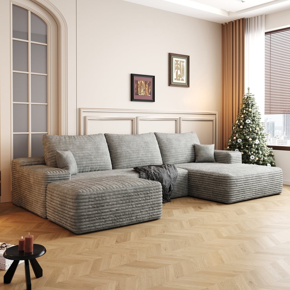 U-Shape Modular Sectional Sofa with Chaise & Ottoman, Corduroy Boneless Cloud Sofa, Corner Upholstered Sleeper Sofa