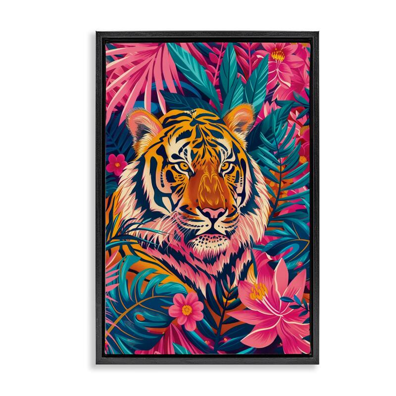 Stupell Tropical Tiger Among Leaves Framed Floater Canvas Wall Art Design By LSR Design Studio - 21 x 31 - Black