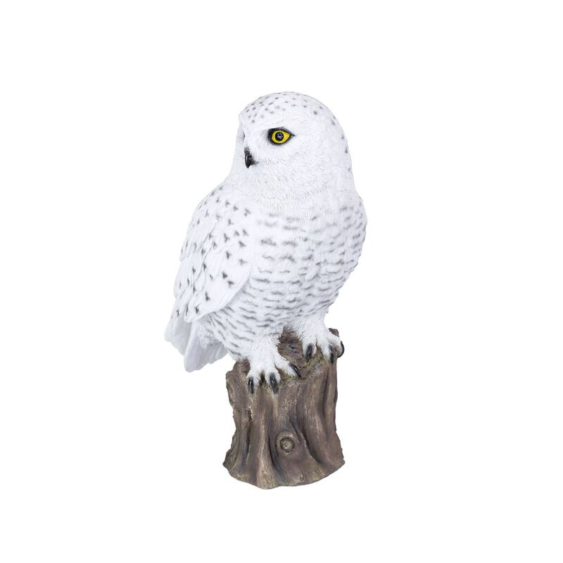 Snowy Owl Standing on Branch Outdoor Garden Statue - 13.75"