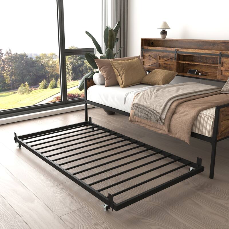 Farmhouse Twin Daybed with Trundle, Heavy Duty Metal Sofa Bed Frame with LED Headboard, Sliding Barn Door and Charging Station