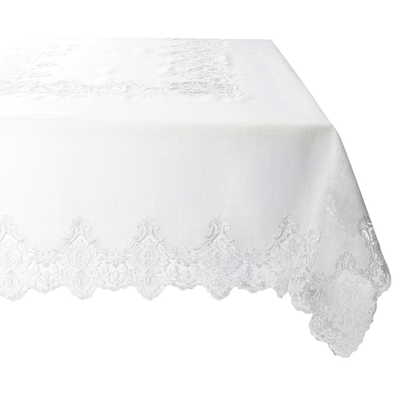 Violet Linen Imperial Embroidered Vintage Lace Pattern Tablecloth - 60" by 90" - Cream