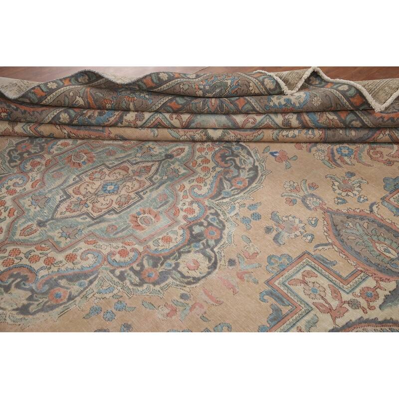 Hand Knotted Oriental 100% Wool Carpet Traditional Medallion Peach Tabriz Area Rug - 12' 8'' X 9' 8''