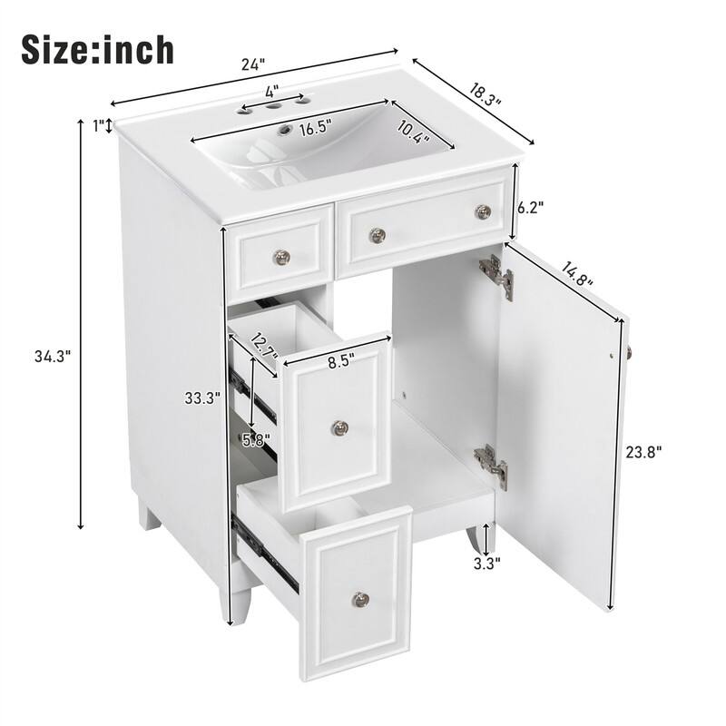 24'' Bathroom Vanity with Ceramic Sink Top, Freestanding Bathroom Vanity Cabinet with 1 Soft Close Door and 2 Storage Drawers