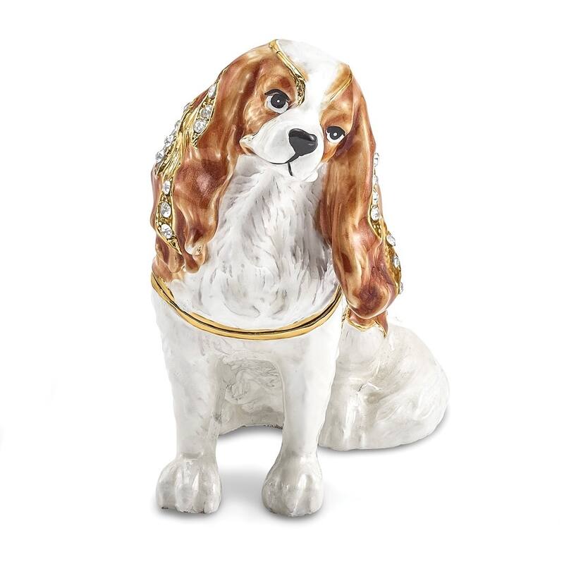 Curata Pewter Crystals Gold-Tone Enameled Cavalier King Charles Spaniel Trinket Box Organizer - 2.5x1.3x2.5"