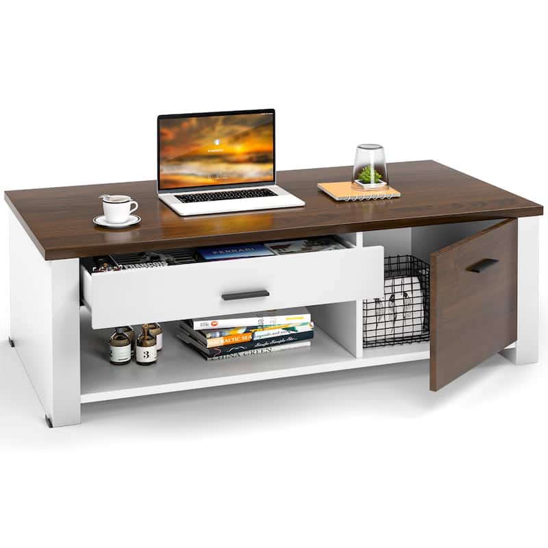 Costway Modern Coffee Table Living Room Coffee Table W/ Storage - Brown & White - Wood