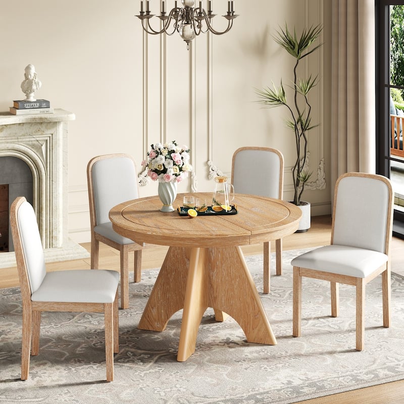 5-Piece Dining Set, 42" Extendable Vintage Dining Table with 4 Upholstered Chairs - Natural