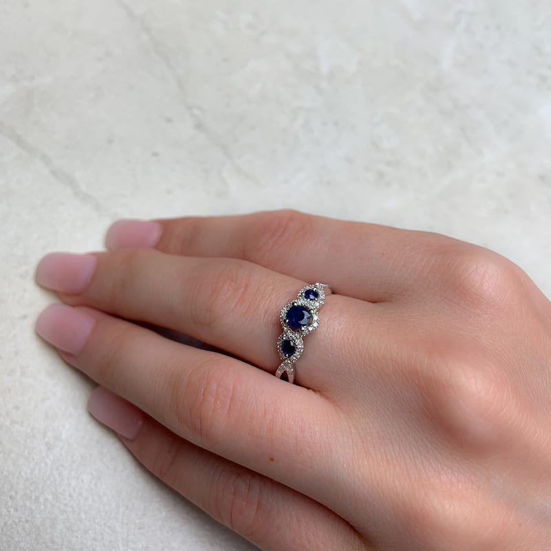 Sapphire and 1/8ct TDW Diamond 3-stone Infinity Engagement Ring in 10k White Gold by Miadora