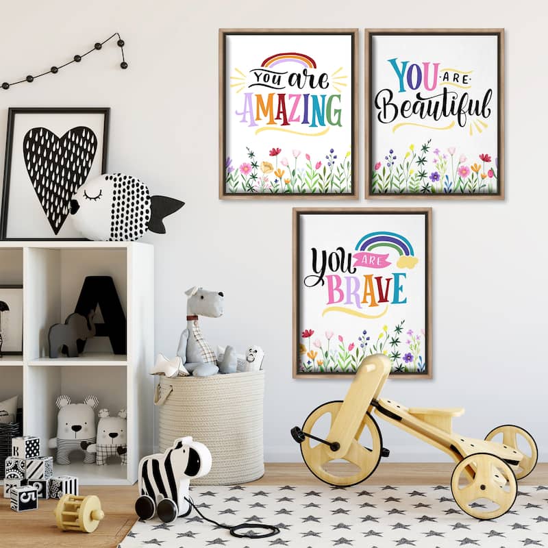 Stupell Confidence Sentiments with Florals Framed Floater Canvas Wall Art Design By Kim Allen (Set of 3)