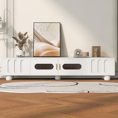 Modern TV Stand for TVs up to 80 Inches, Entertainment Center with Glass Door and 2 Drawers, Wood Long Storage Cabinet