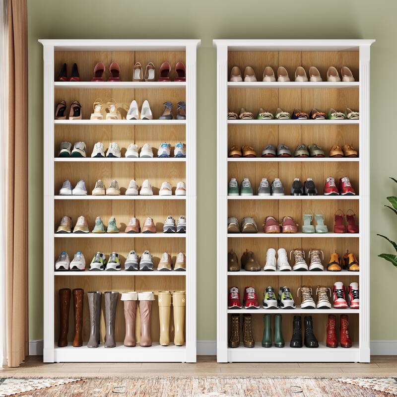 8-Tier Shoe Rack, Wooden Freestanding Shoe Storage Cabinet for 32-40 Pairs, Shoe Organizer Shelf for Entryway, Closet， White