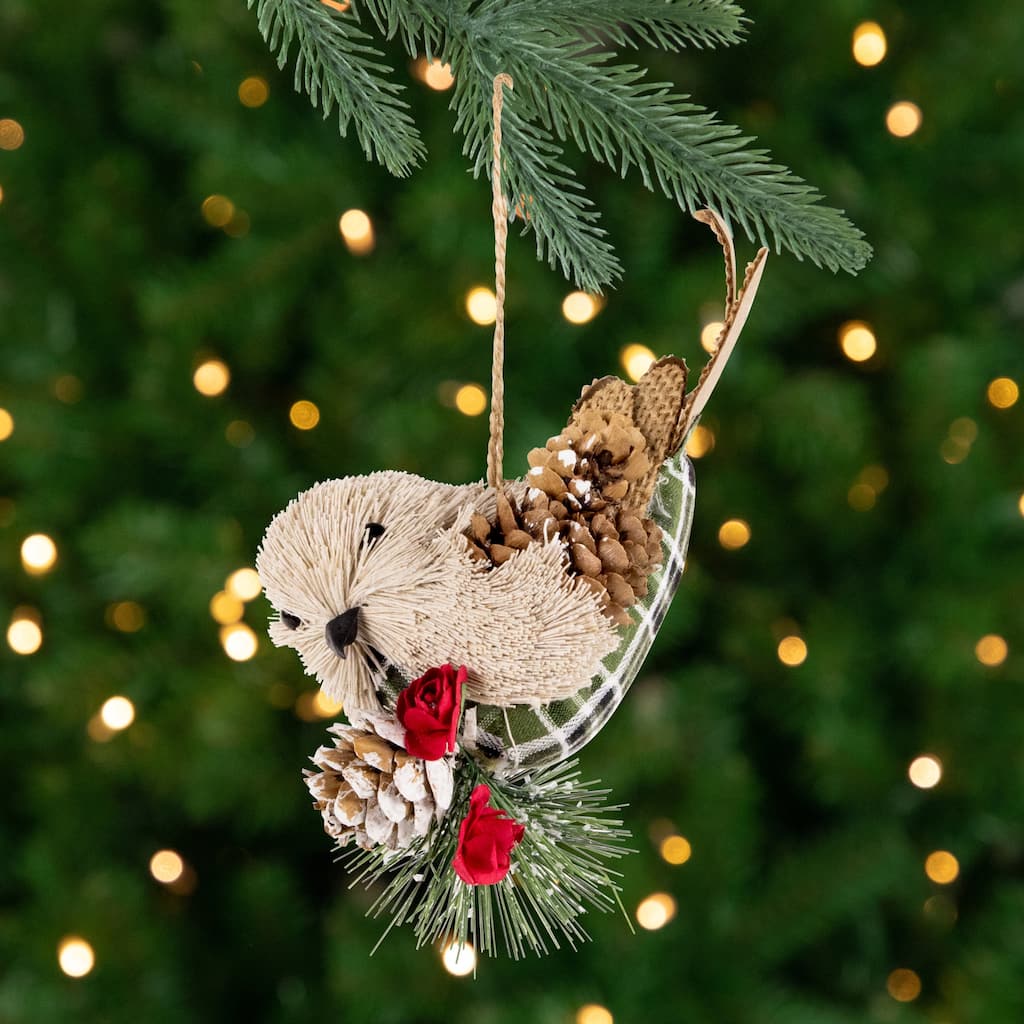 6.75" Left Facing Plaid Bird Frosted Pine Needle Christmas Ornament