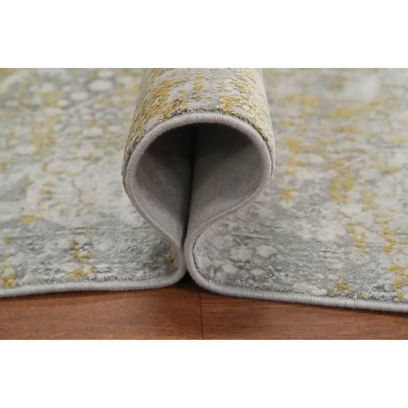 Machine Made Oriental Polyester Carpet Traditional Medallion Yellow & Gold Tabriz Area Rug - 7' 5'' X 5' 2''