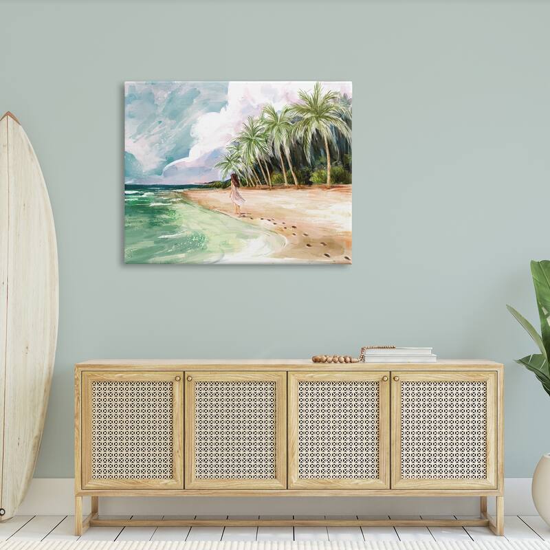 Stupell Woman Walking Sandy Footprints Tropical Beach Coast Canvas Wall Art - Blue