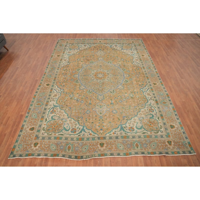 Hand Knotted Oriental 100% Wool Carpet Traditional Floral Peach Tabriz Area Rug - 12' 6'' X 9' 6''