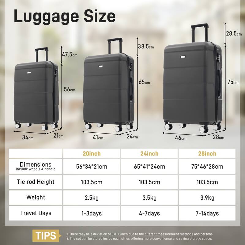 Hardshell Lightweight Luggage Sets 3 Piece Double Spinner Wheels Suitcase with Handle Password Lock, 20"+24"+28" Luggages