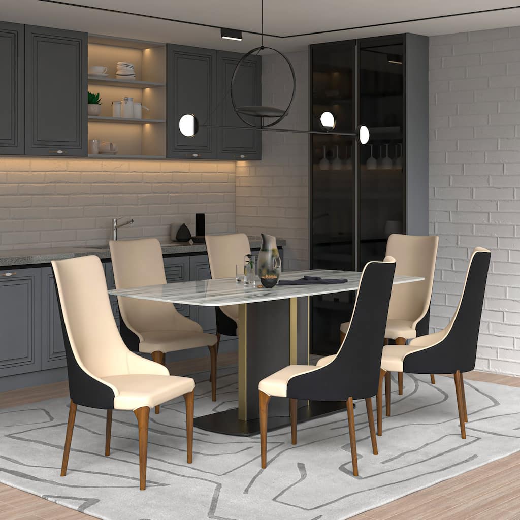 7-Piece Dining Set with 55-Inch Sintered Stone Dining Table and 6 Velvet/Leather Accent Side Chairs