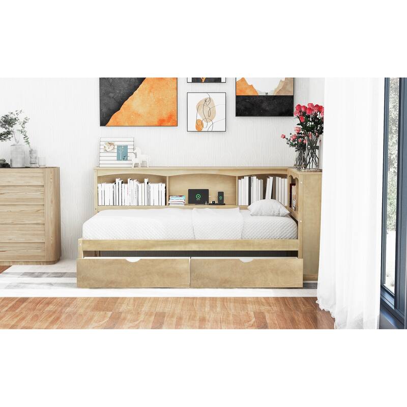 Twin Size Daybed with Built-in Charging Station, 2 Drawers & 5 Side Cabinets, Solid Wood Frame with USB & Outlet Ports