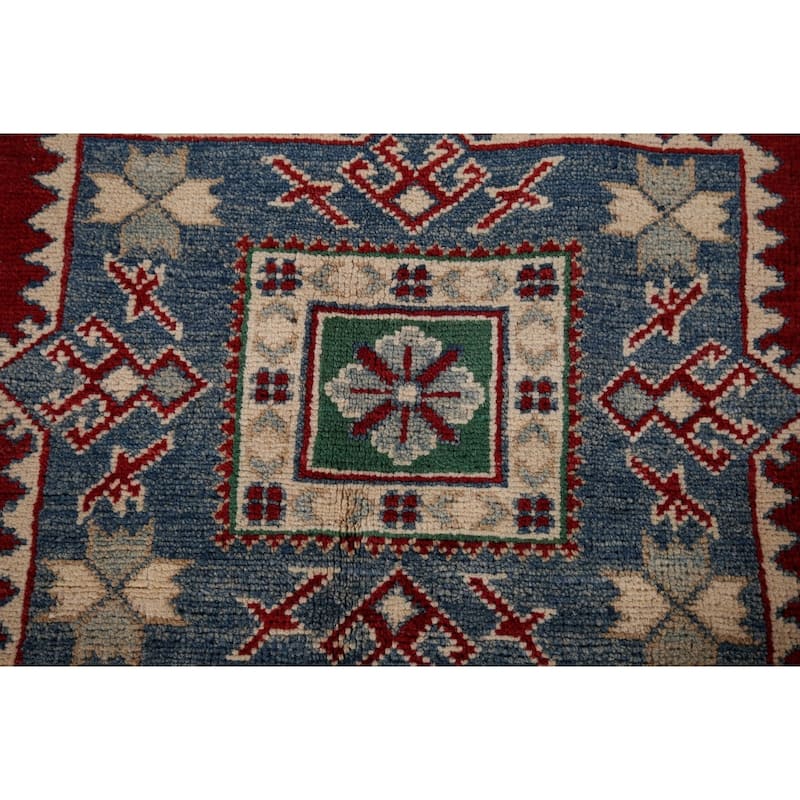 Geometric Red Kazak Area Rug Hand-Knotted Oriental Wool Carpet - 5'0" x 6'3"