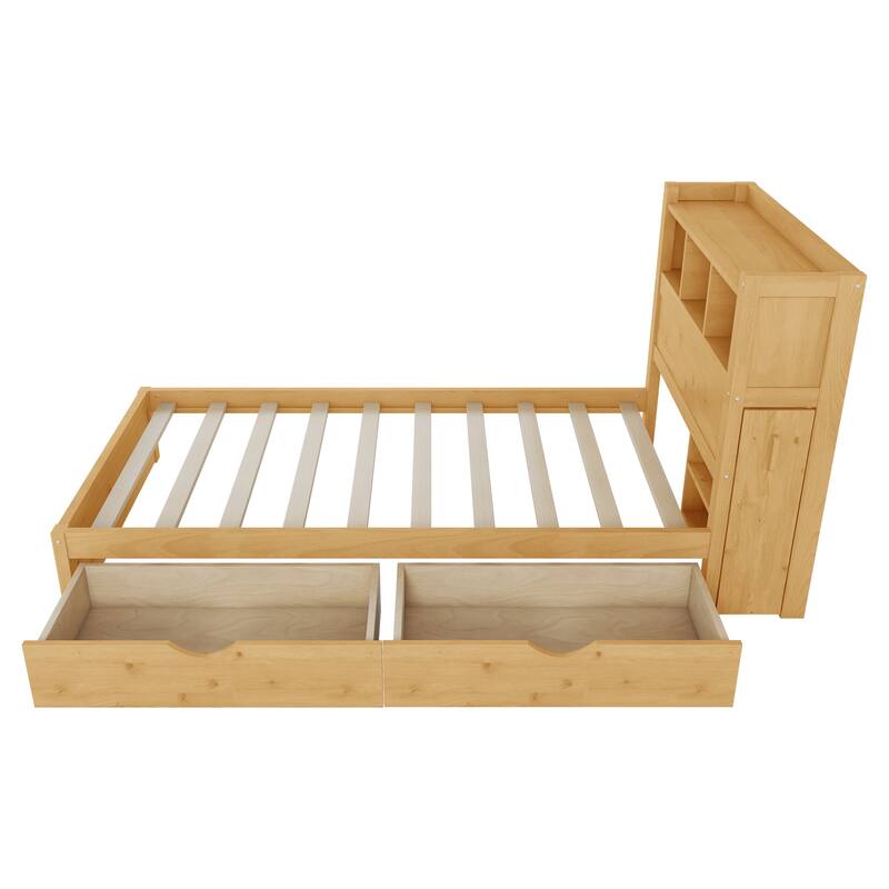 Roomfitters Twin/Full Platform Bed, LED Bookcase Headboard and Pull Out Storage Drawers with Wooden Frame for Bedrooms