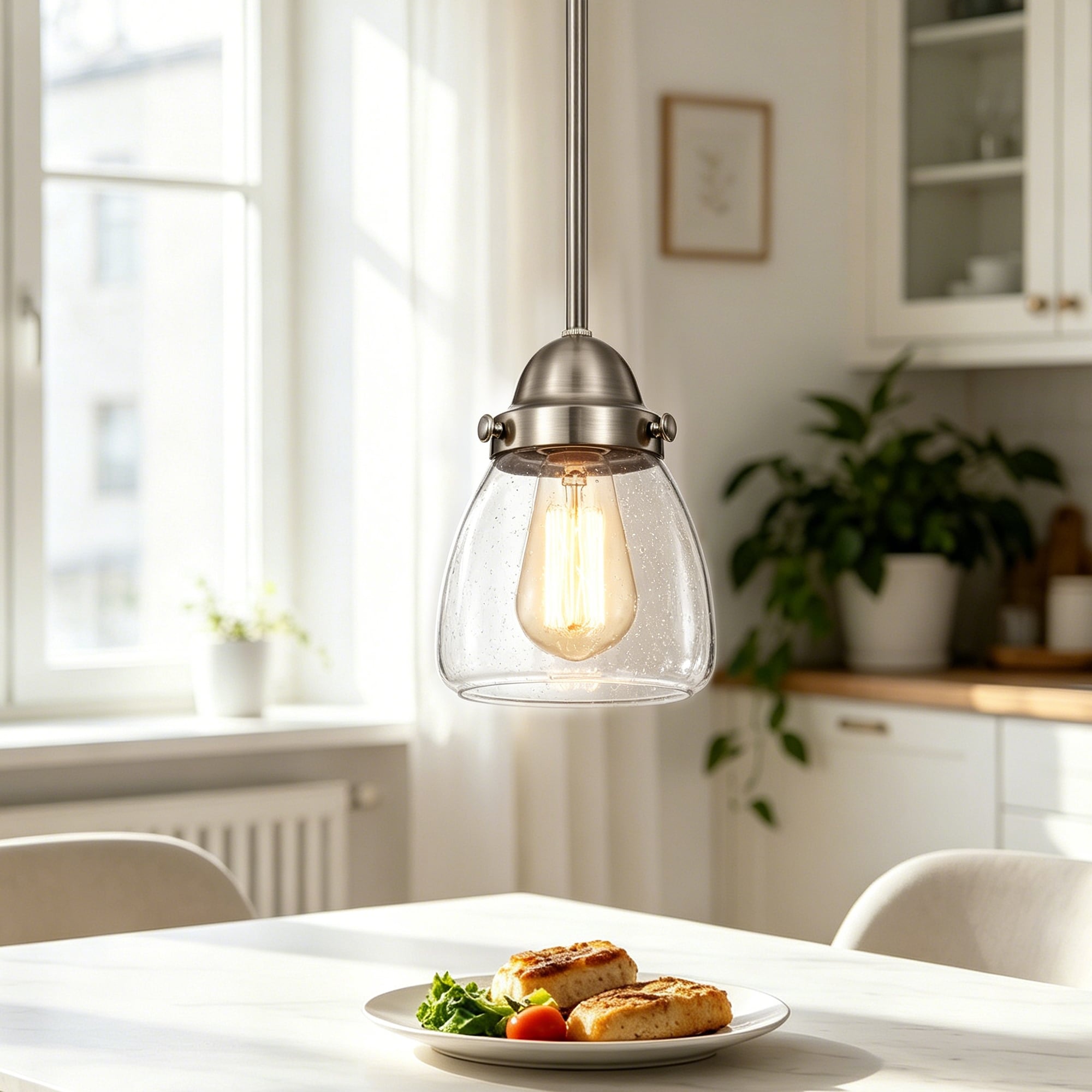 Yellowstone 1-Light Modern Farmhouse Pendant with Seeded Clear Bubble Glass Shade (Adjustable Height, Dimmable)