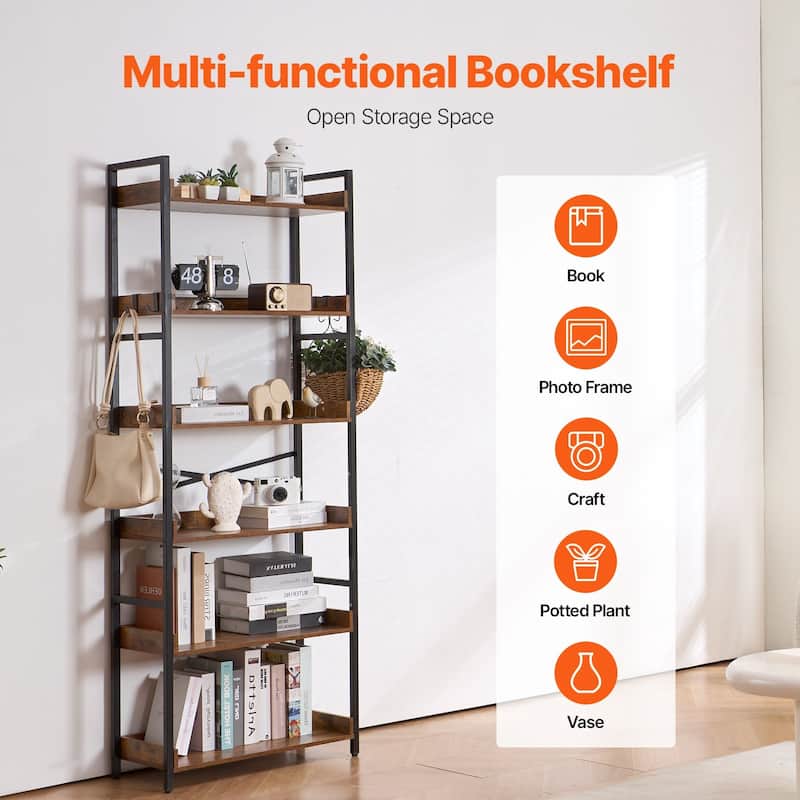 6-Tier Rustic Bookshelf with Black Metal Frame and Open Storage Space Perfect for Any Room - 25.59" x 11.81" x 69.29"