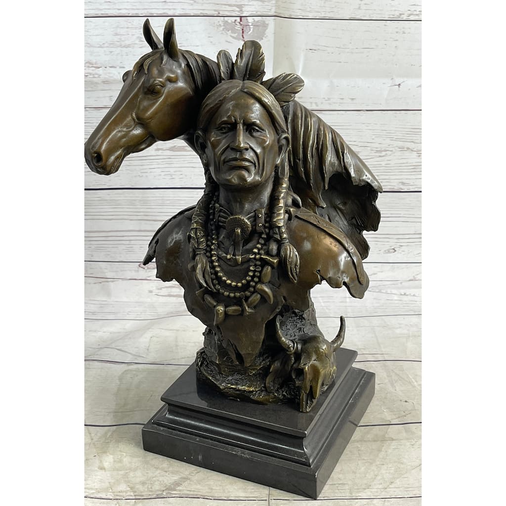 Native American Man Horse Bronze Bust Statue Sculpture Western Art 14 Inches X 10 Inches