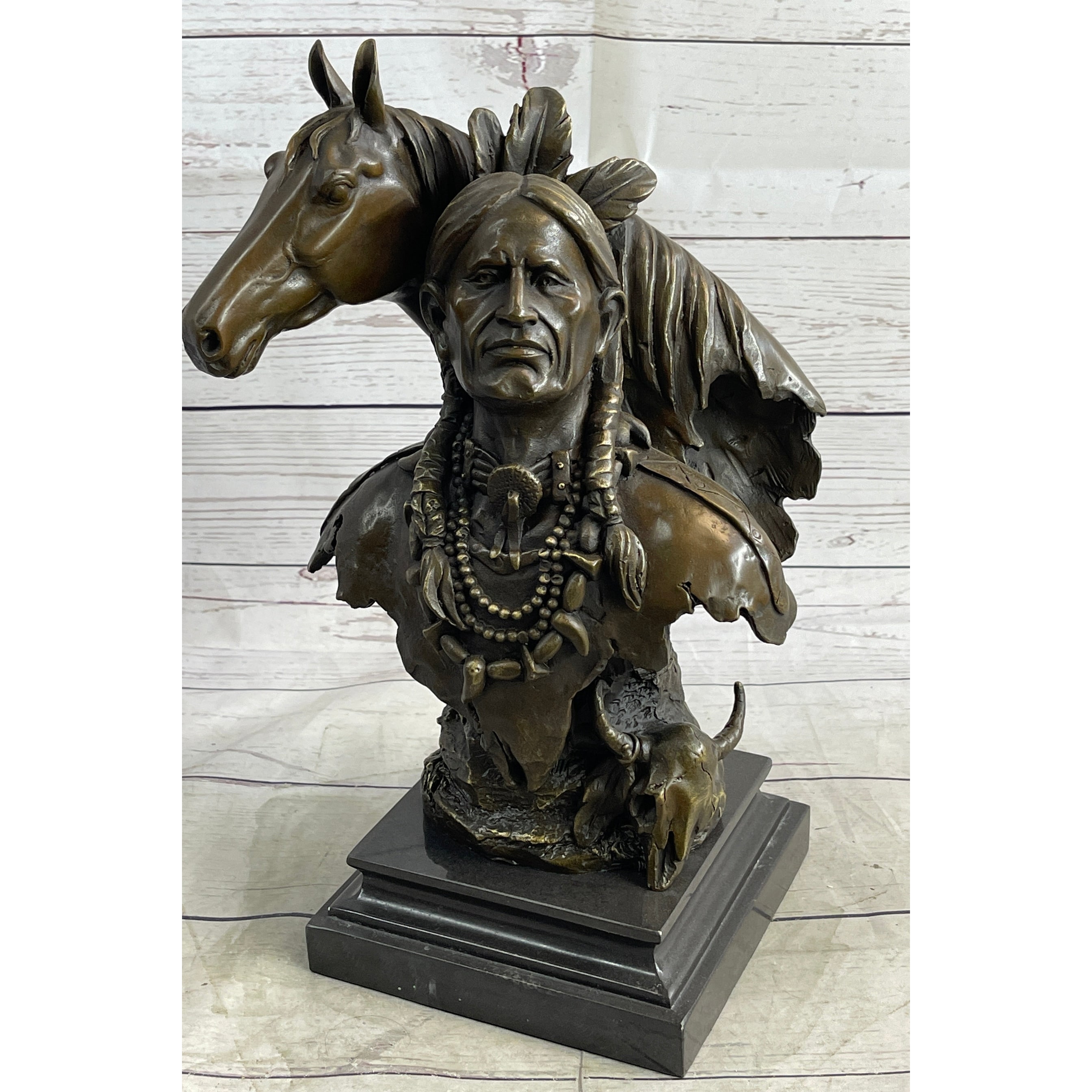 Native American Man Horse Bronze Bust Statue Sculpture Western Art 14 Inches X 10 Inches