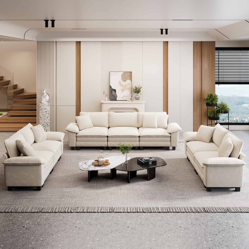 MAISON ARTS Modular Living Room Sofa Set, Comfy 5/6/7-Seat Sectional Couch with 3-Seater, Loveseat or Armchair - Beige Chenille (7 Pieces) - Reversible