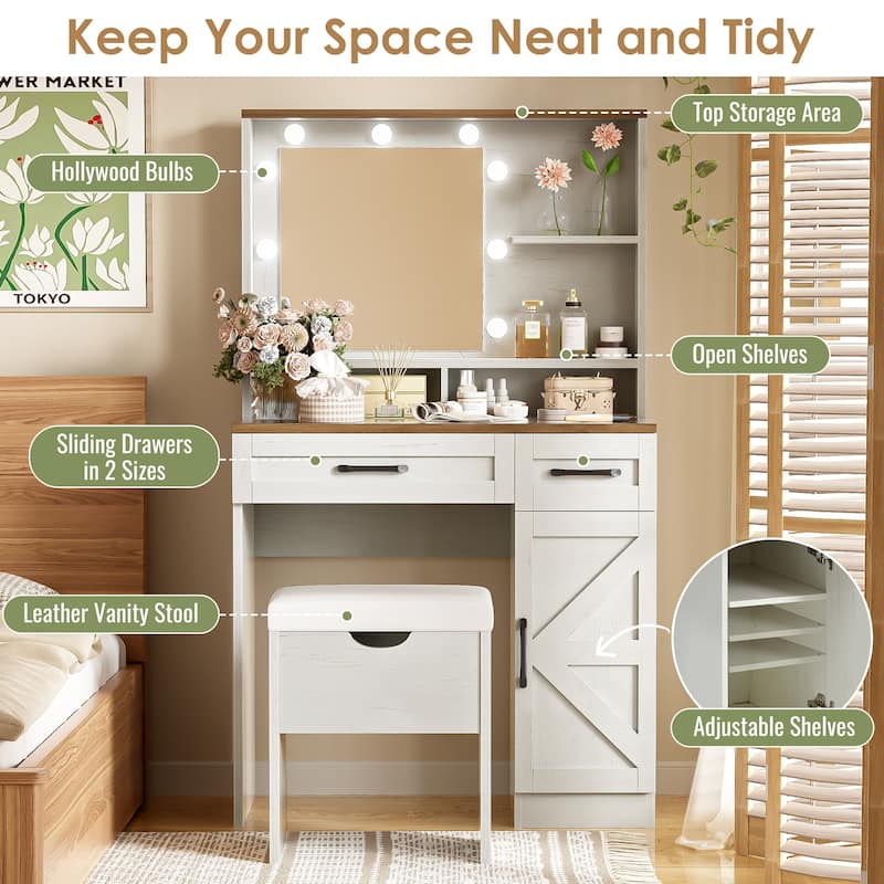 Vanity Desk with Mirror and Lights, Dressing Table with Adjustable Shelves and Drawer, Makeup Table with Side Cabinet